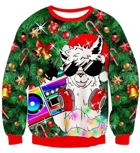 IDGREATIM Herren Christmas Alpaka Gedruckt Hässliche Weihnachten Sweatshirt Pullover Langarm Pullover Grün S von IDGREATIM