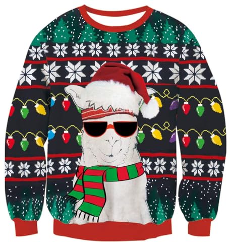 IDGREATIM Herren Christmas Sweater Lustige 3D Alpaka Printed Crewneck Langarm Hässliche Damen Pullover Sweatshirt für Weihnachten S von IDGREATIM