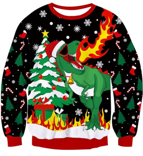 IDGREATIM Herren Christmas Sweater Lustige 3D Dinosaurier Printed Crewneck Langarm Hässliche Damen Pullover Sweatshirt für Weihnachten Schwarz XL von IDGREATIM