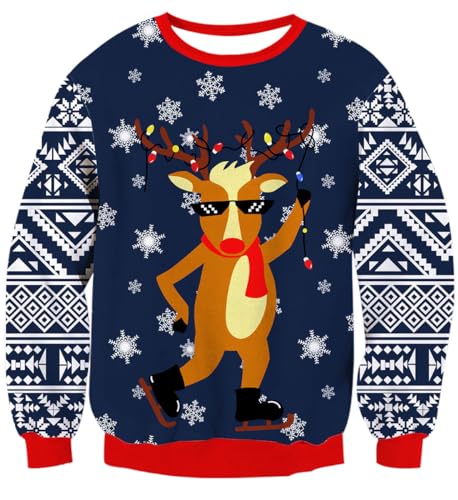 IDGREATIM Herren Christmas Sweater Lustige 3D Rentier Printed Crewneck Langarm Hässliche Damen Pullover Sweatshirt für Weihnachten Dunkelblau L von IDGREATIM