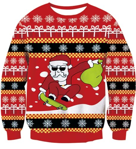 IDGREATIM Herren Christmas Sweater Lustige 3D Weihnachtsmann Printed Crewneck Langarm Hässliche Damen Pullover Sweatshirt für Weihnachten Rot XL von IDGREATIM