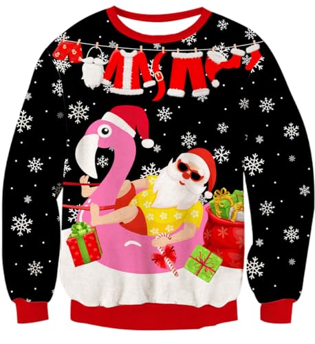 IDGREATIM Herren Christmas Sweater Lustige 3D Weihnachtsmann Printed Crewneck Langarm Hässliche Damen Pullover Sweatshirt für Weihnachten Schwarz L von IDGREATIM