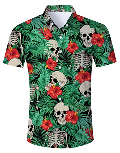 IDGREATIM Herren Hawaiihemd 3D Blumen Schädel Printed THemden Shirt Männer Coole Grafik Hemden Shirts Grün L von IDGREATIM