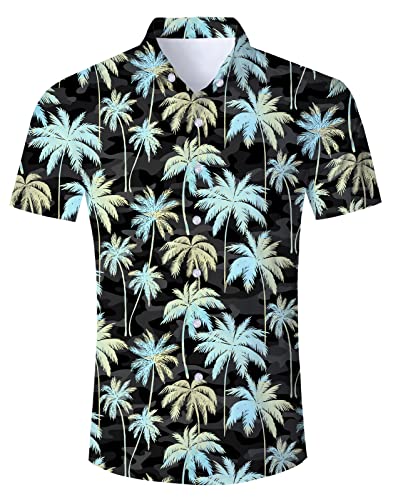 IDGREATIM Herren Hawaiihemd Freizeithemd gedruckt Kurzarm Hemden Shirt Kokosnussbaum T Hemden Shirt Schwarz XL von IDGREATIM