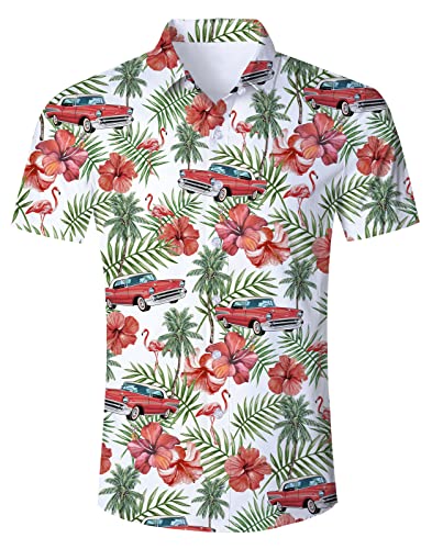 IDGREATIM Herren Hemd 3D Blumen Flamingo Printed Hawaiihemd Kurzarm Hemden Shirt Cooles Grafik T Hemden Shirt Weiß XXL von IDGREATIM