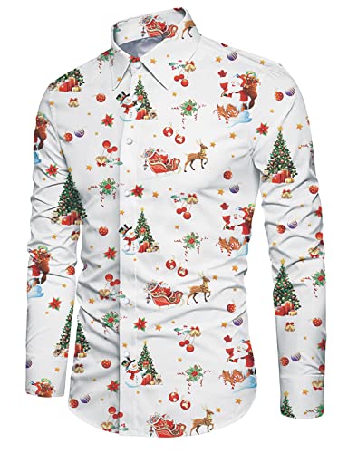 IDGREATIM Herren Weihnachten Shirt Weihnachtsmann Print Blusen Langarm Button Down Funny Personalisierte Casual Herren Shirt Tops Weiß M von IDGREATIM