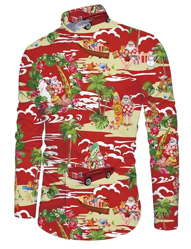 IDGREATIM Herren Xmas Weihnachtsmann Hemd Bedruckt Langarm Button Down Lustige Ferien Stil Hässliche Weihnachts Hemden Rot M von IDGREATIM