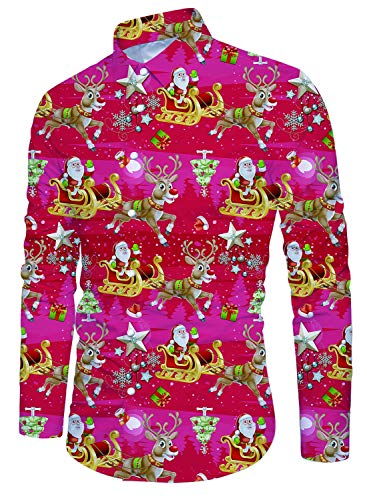 IDGREATIM Herren weihnachtshemd hässliche Weihnachten Xmas Santa Claus Shirts Druck mit Langen Ärmeln Tasten Funky Casual Music Festival Wear Man Tops Red von IDGREATIM