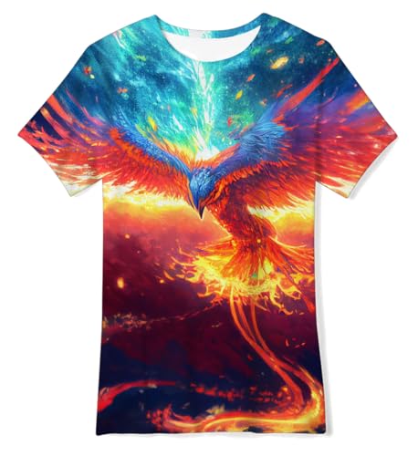 IDGREATIM Jugend T Shirt Jungen Rundhals T Shirt Phönix 3D Flammenmuster Kinder Kurzarm Sommer T Shirts M von IDGREATIM