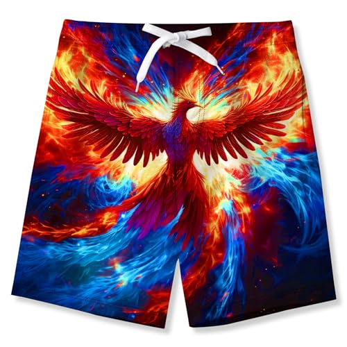 IDGREATIM Jungen Badehose Schnell trocknende Beach Boardshorts 3D Phönix Druckened Badeanzug mit Taschen MeshFutter Rot 14T von IDGREATIM