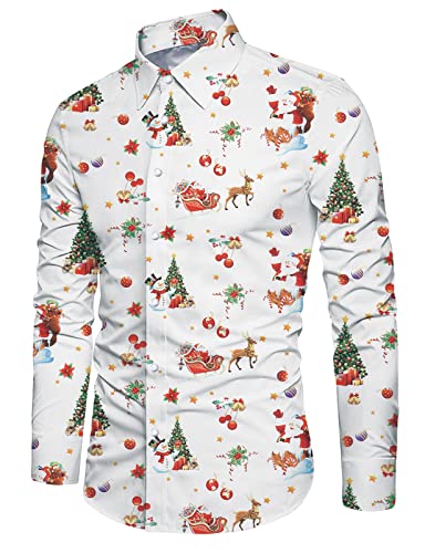 IDGREATIM Jungen Hawaiihemd Shirt Schneemann Printed Langarm Button Down Muster Funky Design Herren Shirt Party Weiß L von IDGREATIM