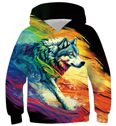 IDGREATIM Jungen Kapuzenpullover Teenager Hoodies Pullover Langarm Pullover 3D Wolf Muster Kind Mit Tasche Sweatshirts M von IDGREATIM