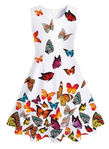 IDGREATIM Kleid Mädchen Farbe Schmetterling Drucken Costume Girls Sommerkleid Mädchen A-Linie Ärmelloses Sommerkleid Kleid Weiss M von IDGREATIM