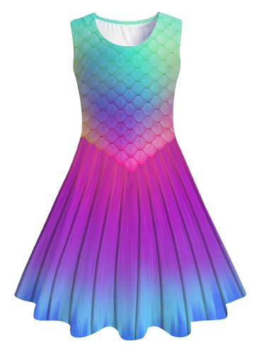 IDGREATIM Kleid für Mädchen A-Linie Ärmelloses Sommerkleid Buntes Kleid Mermaid Costume Girls S von IDGREATIM