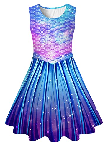IDGREATIM Kleid für Mädchen A-Linie Ärmelloses Sommerkleid Kleid Costume Girls Fischschuppen Muster Anmut Blau S von IDGREATIM