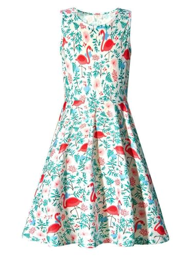 IDGREATIM Madchen Kleid A-Linie Ärmelloses Sommerkleid Blumen Kleid Flamingo Costume Girls Gut Zum Feiern Grün XL von IDGREATIM