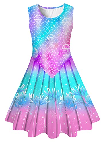 IDGREATIM Madchen Kleid A-Linie Ärmelloses Sommerkleid Buntes Kleid Mermaid Blau Costume Girls Blau XL von IDGREATIM