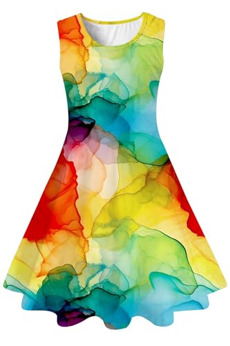 IDGREATIM Madchen Kleid Kinder Costume Ärmel Mädchen A-Linie 3D Regenbogen Drucken Kleid Krawattenfarbe 6-7 Jaher von IDGREATIM