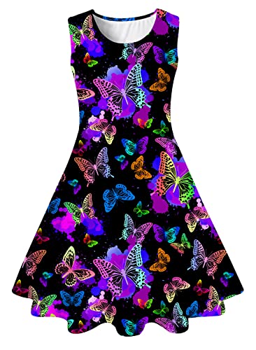 IDGREATIM Madchen Kleid Kinder Costume Girls Sommerkleid Mädchen A-Linie Ärmelloses Sommerkleid 3D Farbe Schmetterling Drucken Kleid Schwarz M von IDGREATIM