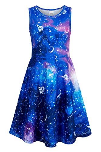 IDGREATIM Madchen Kleid Kinder Costume Girls Sommerkleid Mädchen A-Linie Ärmelloses Sommerkleid 3D Galaxie Drucken Kleid Blau M von IDGREATIM