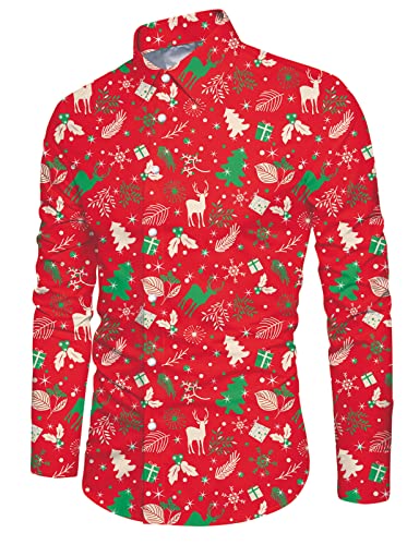 IDGREATIM Männers Weihnachten Shirt Gedruckt Button Down Elch Cooles Design Herren Hawaiian Blumen Bunt Party Wear Geschenk Rot M von IDGREATIM