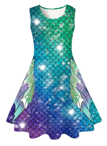 IDGREATIM Mermaid Costume Girls Sommerkleid Mädchen A-Linie Ärmelloses Sommerkleid Buntes Kleid Fischschuppen Muster Grün M von IDGREATIM