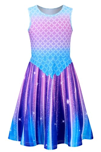 IDGREATIM Sommerkleid Mädchen A-Linie Ärmelloses Sommerkleid Kleid 3D Fischschuppen Drucken Costume Girls Lila L von IDGREATIM
