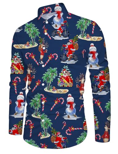 IDGREATIM Xmas Hemd Herren Christmas Shirt Weihnachtsmann Druck Langarm Weihnachten Buttons Down Herren Oberteile Navy Blau XL von IDGREATIM