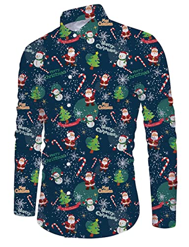 IDGREATIM Xmas Hemd Herren Christmas Shirt Weihnachtsmann Druck Tier Langarm Weihnachten Buttons Down Herren Oberteile Navy Blau XXL von IDGREATIM