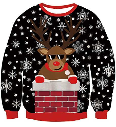 Idgreatim Herren Damen Weihnachtspullover Ugly Christmas Sweater Hässliche Weihnachten Pullover Jumper 3D Gedruckt Langarm Strickpullover, Black, M von IDGREATIM