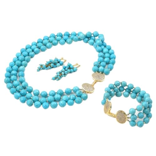 IDGTTLDF 3 Strands Blue Cutting Angle Round Faceted Turquoises Gems Stone Clasp Necklace Bracelet Earrings Sets For Women (Jewelry sets) von IDGTTLDF