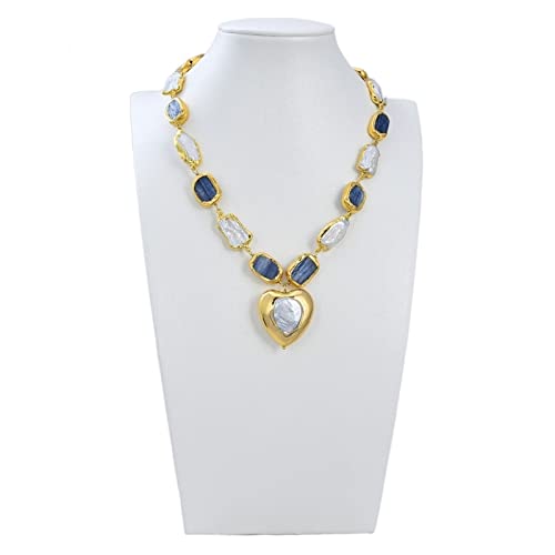 IDGTTLDF Ketten für Damen Schmuck Naturweiße Biwa-Perle Blaue Kyanite Weiße herzförmige Perlen-Anhänger-Halskette for Frauen erfüllen von IDGTTLDF