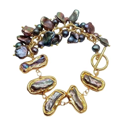 IDGTTLDF Natürliches schwarzes, oben gebohrtes Keshi-Perlen-Biwa-Süßwasserperlen-Wickelarmband im Vintage-Stil mit Goldfüllung, 20,3 cm von IDGTTLDF