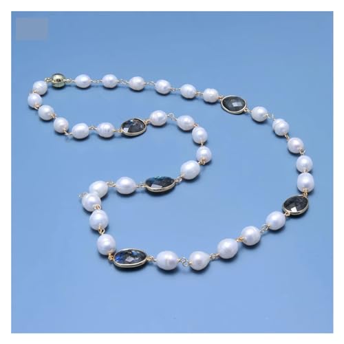 IDGTTLDF Schmuck Natürliche Weiße Reis Perle Rosenkranz Kette Labradorit Lünette Set Pullover kette Halskette Ohrringe Sets for Frauen (Necklace) von IDGTTLDF
