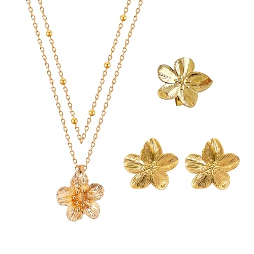IDNVFY 1 Goldene Blumenkette, 1 Paar Ohrringe, 1 Ring, Fashion Accessoires Für Frauen, Klassischer, Vielseitiger Schmuck Und Outfit -Accessoires. von IDNVFY