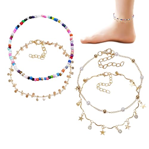 IDNVFY 2 Stücke Strand-Fußkettchen, Damen Fußkettchen, Doppelschicht-Pailletten-Fußkettchen, Damenschmuck, Persönlichkeit Und Modische Fußkettchen. von IDNVFY