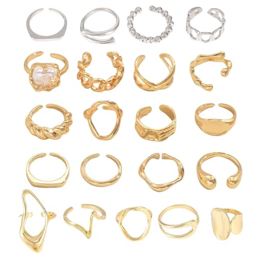 IDNVFY 21 Stück Metall Geometrische Ringe, Trendige Hip-Hop-Ringe, Persönlichkeit Offener Fingerringe, Verstellbare Punkringe. von IDNVFY