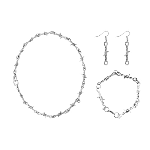 IDNVFY 3-Teiliges Set Aus Silberdornschmuck, Retro-Stacheldraht-Schlüsselbeinkette, Punk-Persönlichkeitsarmband, Gothic-Ohrringen, Y2K-Allgleichsschmuck, Unisex. von IDNVFY