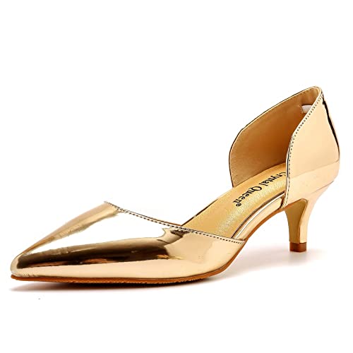 Damen Spitzschuhe Braut Hochzeit Schuhe,Klassischeges Geschlossene Zehen Hoher Absatz, 5Cm Partys Kleider,Niedriger Absatz Sandalen,Gold,41 EU von IDOBLO