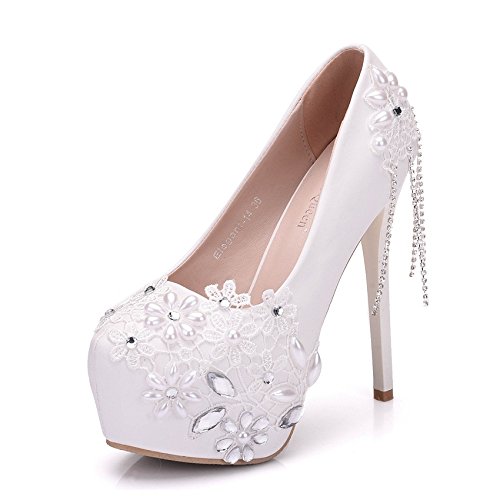 Frauen Hochzeit Schuhe Strass Perle Schuhe Brautschuhe Sandalen Hohe Absätze,Weiße Spitze Hohe Absätze,Feine Ferse Wasserdicht Plattform Schuhe,Weiß,37 EU von IDOBLO