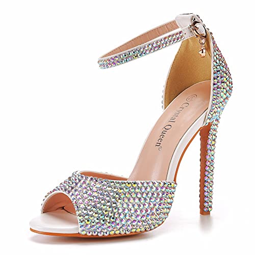 IDOBLO 11Cm Hohe Absätze Mit Fischmaul,Flacher Mund Offene Zehe Hochhackige Sandalen,Strass Brautschuhe Hochzeit Schuhe Fein Heel Pumps,Colorful Diamonds,40.5 EU von IDOBLO