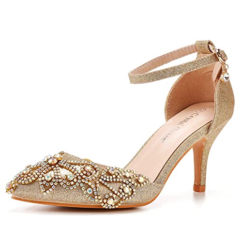 IDOBLO Damen Strasssteinen Spitz Hohe Absätze Sandaletten,Hochzeitsschuhe Brautschuhe, 7Cm Satin Seiden Sommerschuhe Pumps,Gold,38 EU von IDOBLO