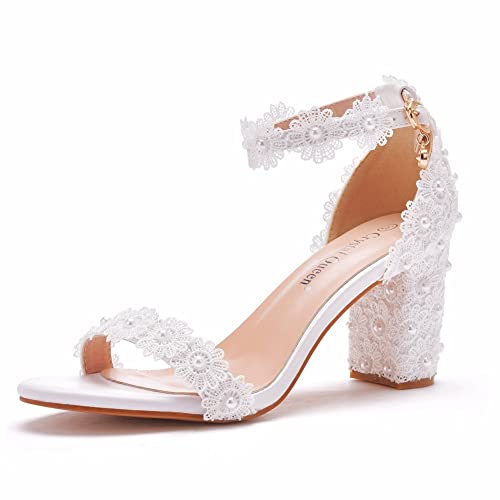 Frauen Spitze Perle Brautschuhe Pumps, Sandalen Mit Offener Hoher Absatz Zehenpartie Hochzeitsschuhe, 7Cm Partys Schlichter Mund Niedriger Absatz,Weiß,40.5 EU von IDOBLO