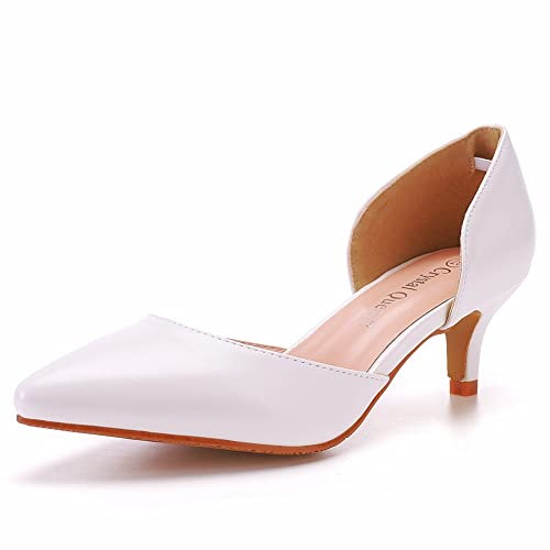 Weiß Braut Hochzeit Hochhackige,Spitz Geschlossen Braut Niedrig Heel Einzelne Schuhe Frauen Shallow Mouth Sandalen,Weiß,39 EU von IDOBLO