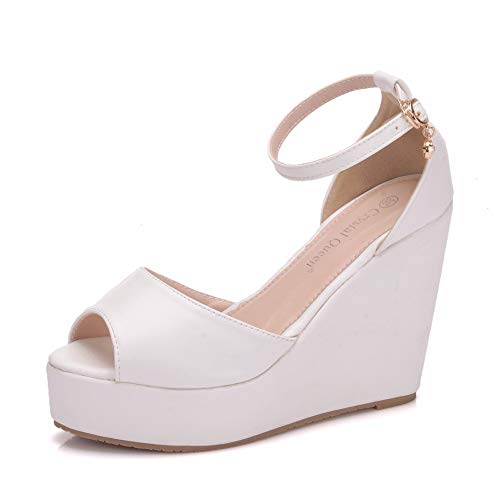 IDOBLO Weiß Pu Hochzeit Brautschuhe Hohe Absätze,Damen Plateau Fischmaul Offene Zehe Sandalen Lässig Keil Party Niedrige Absätze,Weiß,38 EU von IDOBLO