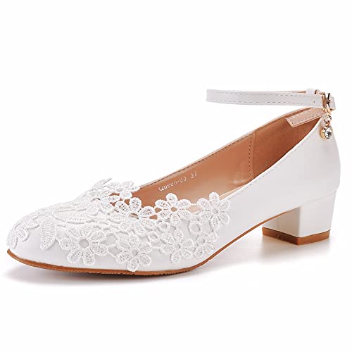 Weiße Spitze Braut Runde Zehe Pumps 3.5CM Absätze Damen Party Tanz Hochzeit Schuhe,Weiß,39 EU von IDOBLO