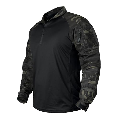 IDOGEAR Kampfhemden Taktisches Langarmhemd mit Ellbogenschützern Militär BDU Hemden mit Taschen Airsoft Kleidung (camo Black,Small) von IDOGEAR