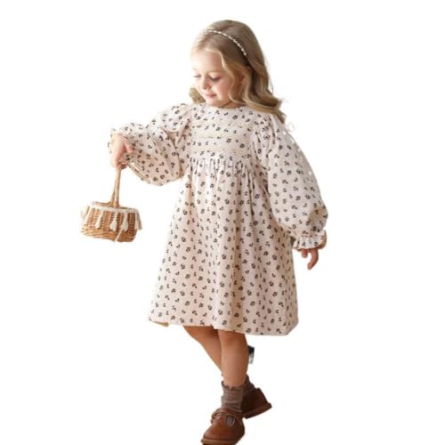 Baumwolle Kleider Mädchen Lange Puffärmel Blumenkleider mit A-Linie Herbst Winter Frühling Sommer Kleid für Hochzeit Blumenmädchenkleid Gesmoktes Partykleid Urlaubskleid Abendkleid Aprikose 5-6 Jahre von IDOPIP