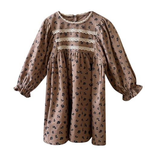 Baumwolle Kleider Mädchen Lange Puffärmel Blumenkleider mit A-Linie Herbst Winter Frühling Sommer Kleid für Hochzeit Blumenmädchenkleid Gesmoktes Partykleid Urlaubskleid Abendkleid braun 5-6 Jahre von IDOPIP