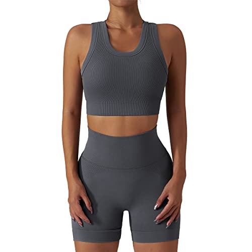 Fitness-Sets für Damen, 2-teilig, gerippt, ärmellos, Racerback-Tanktop, BH, hohe Taille, Workout-Shorts, Sets, Fitnessstudio, Kleidung, Yoga, Sportbekleidung, grau, 42 von IDOPIP